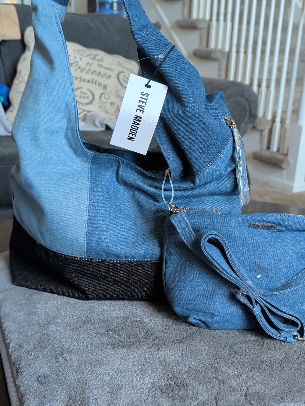 Steve Madden Two-Tone Blue Denim Shoulder Bag with Matching Crossbody Pouch